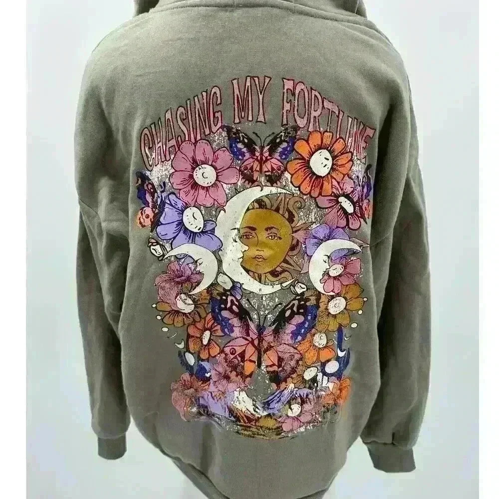 No Comment Women's Gray‎ Whimsical Floral Sun and Moon Hoodie - Sz Large